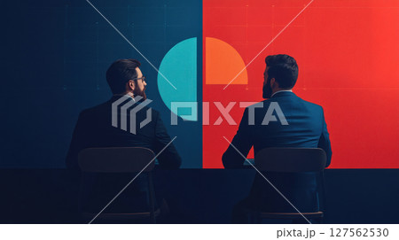 Businessmen debating in front of a large screen displaying tax revenue and spending projections, fiscal debate, economic balance 127562530