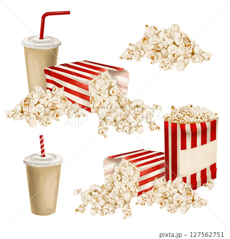 Set of illustrations with popcon.Snack in paper bags. Drink in paper cup with straw. Popcorn spilled. Snack packaging in red stripes. Watercolor illustration isolated from background. Hand drawn. Set of illustrations with popcon.Snack in paper bags. Drink in paper cup with straw. Popcorn spilled. Snack packaging in red stripes. Watercolor illustration isolated from background. Hand drawn. 127562751