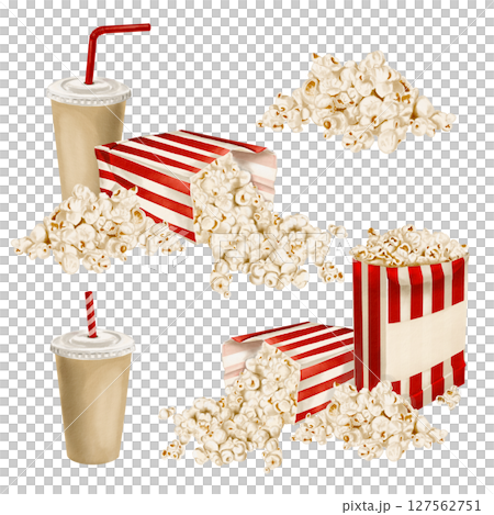 Set of illustrations with popcon.Snack in paper bags. Drink in paper cup with straw. Popcorn spilled. Snack packaging in red stripes. Watercolor illustration isolated from background. Hand drawn.  127562751