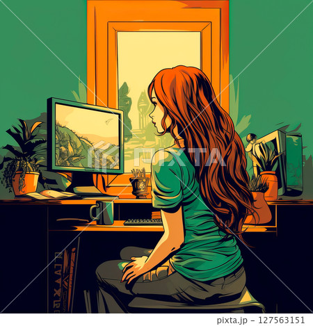 Young woman sitting at the computer in evening time 127563151