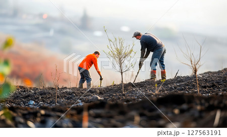 Two men planting a tree. Concept environmental protection 127563191