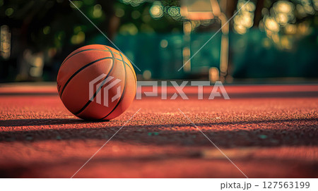 Basketball ball on the ground. Ball on the red court 127563199