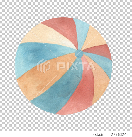 Baby Toy Ball. Hand drawn watercolor illustration of beach ball in pastel colors. Isolated from the background. Element for sport game. For design of summer holidays, holidays sea or near the pool. Baby Toy Ball. Hand drawn watercolor illustration of beach ball in pastel colors. Isolated from the background. Element for sport game. For design of summer holidays, holidays sea or near the pool. 127563243