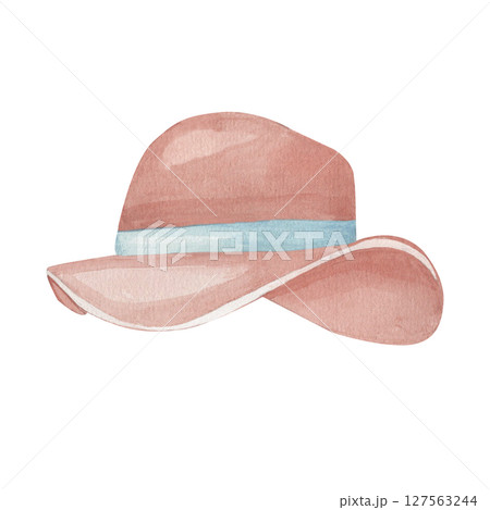 Resort summer hat with blue ribbon for beach vacation. Watercolor illustration isolated from the background. Woman stylish outfit, woman summer accessories hand drawn. For shop, sale, magazine Resort summer hat with blue ribbon for beach vacation. Watercolor illustration isolated from the background. Woman stylish outfit, woman summer accessories hand drawn. For shop, sale, magazine 127563244