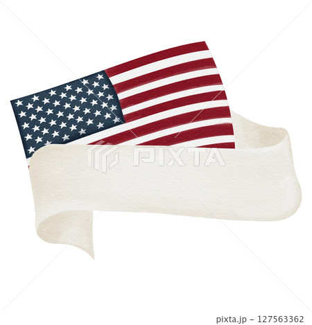 USA flag and white ribbon for inscription. Template for text. Independence day. Flag day. Watercolor illustration isolated from background. Hand drawing. High quality illustration USA flag and white ribbon for inscription. Template for text. Independence day. Flag day. Watercolor illustration isolated from background. Hand drawing. High quality illustration 127563362