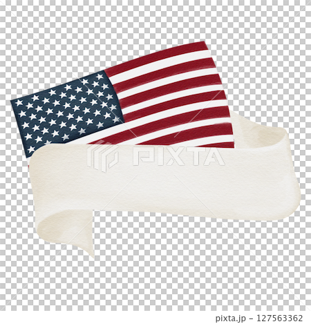 USA flag and white ribbon for inscription. Template for text. Independence day. Flag day. Watercolor illustration isolated from background. Hand drawing. High quality illustration USA flag and white ribbon for inscription. Template for text. Independence day. Flag day. Watercolor illustration isolated from background. Hand drawing. High quality illustration 127563362