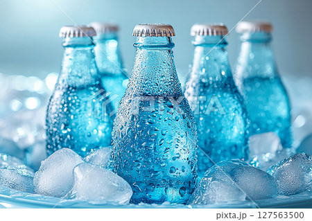 Summer food and drinks. Retro cooler filled with glass soda bottles and ice. Retro style. Close-up. Summer food and drinks. Retro cooler filled with glass soda bottles and ice. Retro style. Close-up. 127563500