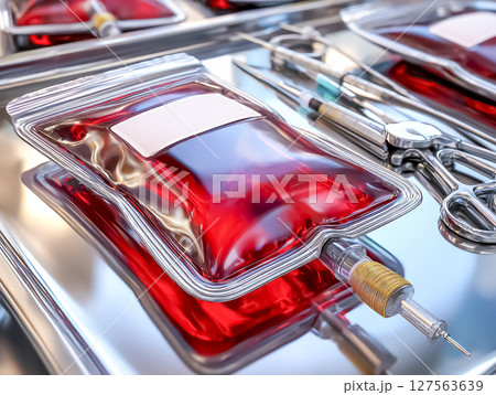 人工血液の入った輸血パックのイメージ素材 人工血液の入った輸血パックのイメージ素材 127563639
