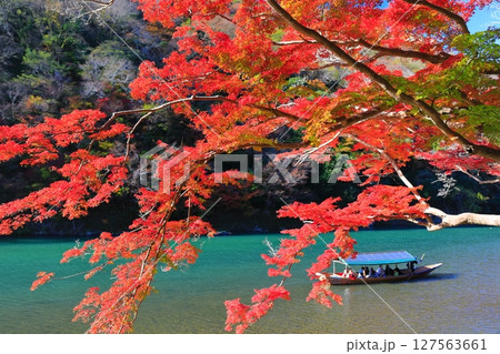 【京都府】晴天の紅葉の嵐山（桂川の嵐峡　保津峡） 127563661