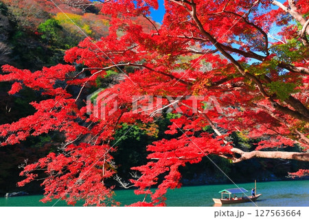 【京都府】晴天の紅葉の嵐山（桂川の嵐峡　保津峡） 127563664