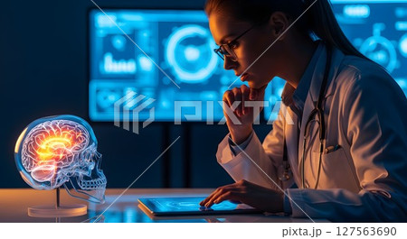 Woman neurologist studying human brain pathology. Medical scientist researching brain activity. Neuroscience and artificial intelligence concept. 127563690