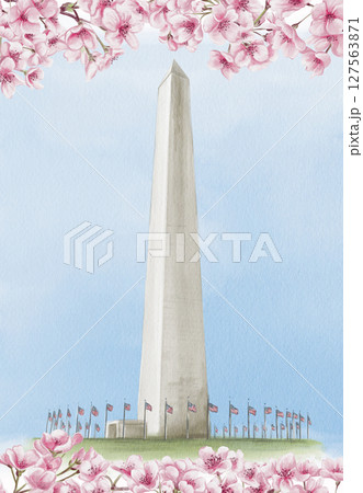 Washington Monument in Washington, D.C. National Cherry Blossom Festival. Frame with pink flowers. Watercolor illustration, hand drawing. Sketch. Template for a postcard or souvenir. Washington Monument in Washington, D.C. National Cherry Blossom Festival. Frame with pink flowers. Watercolor illustration, hand drawing. Sketch. Template for a postcard or souvenir. 127563871