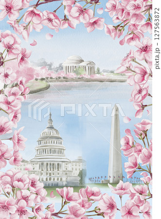 National Cherry Blossom Festival in Washington D.C. Postcard with cherry blossoms and landmarks of the US capital. Watercolor illustration. Sketch. Hand drawing. High quality illustration National Cherry Blossom Festival in Washington D.C. Postcard with cherry blossoms and landmarks of the US capital. Watercolor illustration. Sketch. Hand drawing. High quality illustration 127563872