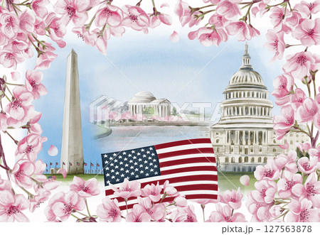 National Cherry Blossom Festival in Washington D.C. Postcard with cherry blossoms and landmarks of the US capital. Watercolor illustration. Sketch. Hand drawing. High quality illustration 127563878
