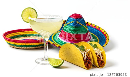 Festive Mexican holiday accessories with cocktail and tacos for Cinco de Mayo celebration on white background for greeting card. 127563928