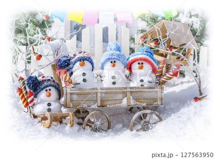 Postcard with Christmas and a new year with cute snowman Postcard with Christmas and a new year with cute snowman 127563950