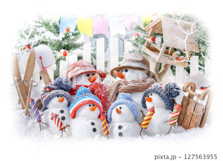 Postcard with Christmas and a new year with cute snowman 127563955