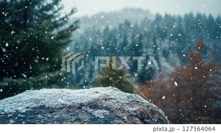 Winter landscape with light snow on rocks and forested mountains ideal for design background use 127564064