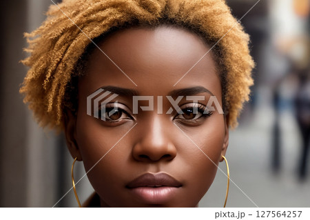 A beautiful african american woman portrait, city street as background. Generative AI. 127564257