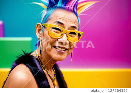 Portrait of an elderly Asian woman with bright mohawk-colored hair and sunglasses on the background of an abstract painting, summer brightness. Generative AI. 127564523