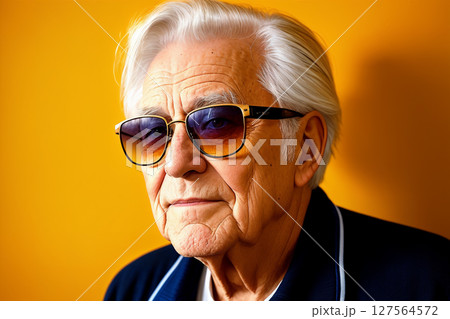 Portrait of an elderly caucasian man on yellow background, summer brightness. Generative AI. 127564572