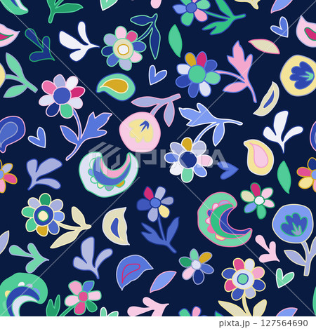Abstract nature contemporary seamless pattern. Hand drawn flower and leaf shape textures. Repeatable vibrant boho prints. Vector illustration.  127564690
