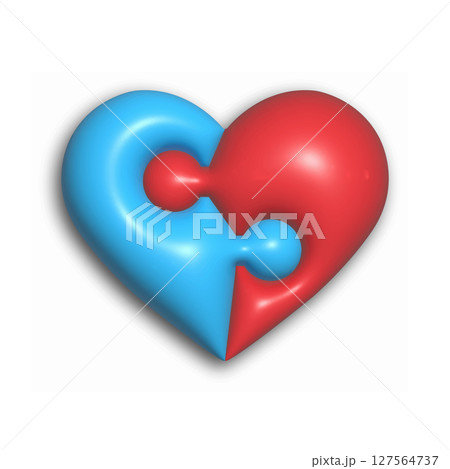 3d puzzle of the heart. The heart consists of two puzzle pieces of red and blue color. Volumetric design for websites, applications and creative design 127564737