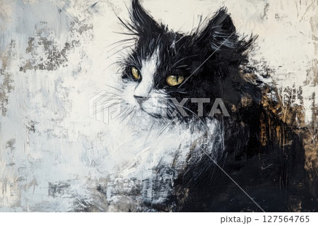 Acrylic painting showcases unique brushstrokes of a thoughtful cat Acrylic painting showcases unique brushstrokes of a thoughtful cat 127564765