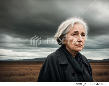 Dramatic portrait of an elderly woman, late autumn landscape as background, dark sky with storm clouds. Generative AI. 127564885