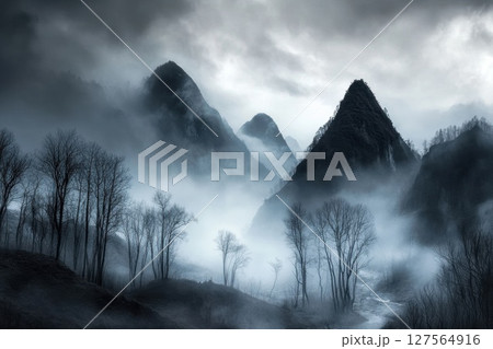 Majestic mountains tower over a foggy valley, evoking mystery 127564916