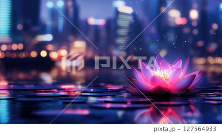 Glowing pink lotus flower floating on water with city skyline at night 127564933
