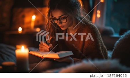Young woman writing in notebook by candlelight in cozy home 127564936