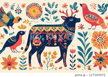 Vibrant animals and flowers showcasing local...のイラスト素材 [127564978] - PIXTA