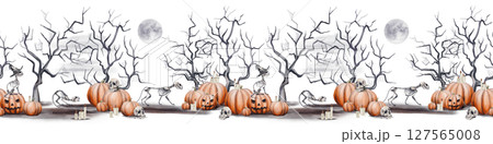 Seamless border with cat skeletons and scary forest. Halloween decor. Pumpkins and skulls. Candles are burning. Full moon. Dark scenes. Watercolor illustration. Hand drawing High quality illustration Seamless border with cat skeletons and scary forest. Halloween decor. Pumpkins and skulls. Candles are burning. Full moon. Dark scenes. Watercolor illustration. Hand drawing High quality illustration 127565008