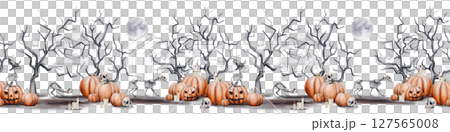 Seamless border with cat skeletons and scary forest. Halloween decor. Pumpkins and skulls. Candles are burning. Full moon. Dark scenes. Watercolor illustration. Hand drawing High quality illustration Seamless border with cat skeletons and scary forest. Halloween decor. Pumpkins and skulls. Candles are burning. Full moon. Dark scenes. Watercolor illustration. Hand drawing High quality illustration 127565008