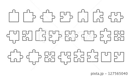 Puzzle separate pieces set simple outline doodle hand drawn illustration, line jigsaw game design elements for kids and adults Puzzle separate pieces set simple outline doodle hand drawn illustration, line jigsaw game design elements for kids and adults 127565040