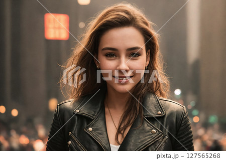 A beautiful woman portrait, night city as background. Generative AI. A beautiful woman portrait, night city as background. Generative AI. 127565268