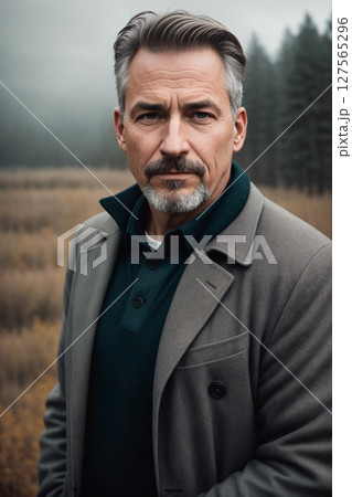 Dramatic portrait of a man, late autumn season, wild landscape as background, dark sky with storm clouds. Generative AI. Dramatic portrait of a man, late autumn season, wild landscape as background, dark sky with storm clouds. Generative AI. 127565296