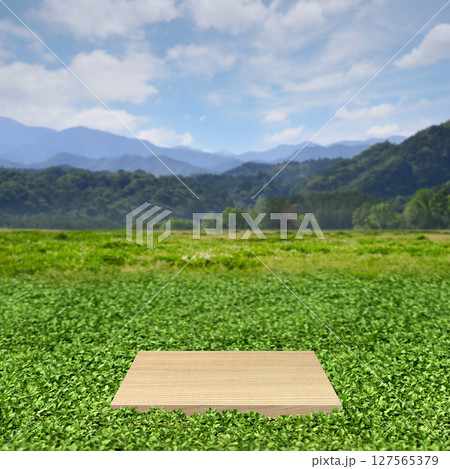 山並みへと続く緑と青空、展示台がある高原の空想の風景 127565379