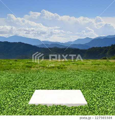 山並みへと続く緑と青空、展示台がある高原の空想の風景 127565384
