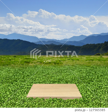 山並みへと続く緑と青空、展示台がある高原の空想の風景 127565385