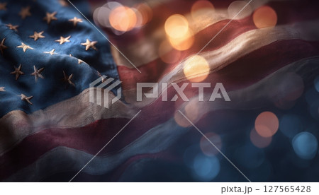 American flag with festive bokeh lights celebrating Independence Day and patriotic national pride 127565428