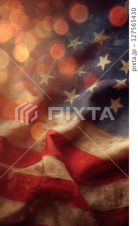 American flag with festive bokeh lights celebrating Independence Day and patriotic national pride 127565430