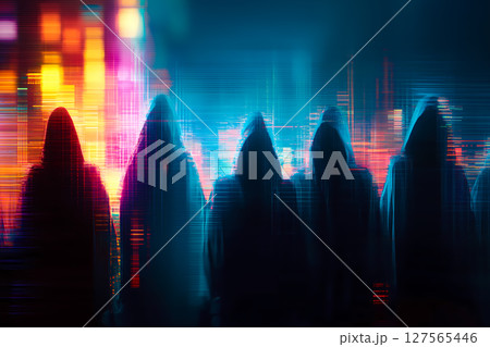 暗い背景にネオンカラーのバイナリコードがストリーム状に降り注ぎフードを被った匿名ハッカーのシルエット 127565446