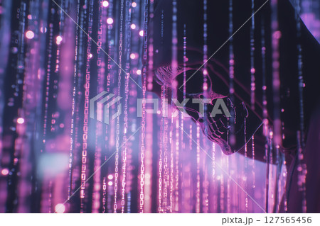 暗い背景にネオンカラーのバイナリコードがストリーム状に降り注ぎフードを被った匿名ハッカーのシルエット 127565456