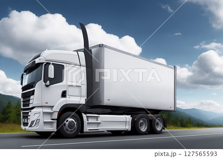 A white truck is driving on the road. Clean and empty space in the side view. Beautiful summer landscape as background, blue sky with clouds, forest and hill. Generative AI. A white truck is driving on the road. Clean and empty space in the side view. Beautiful summer landscape as background, blue sky with clouds, forest and hill. Generative AI. 127565593