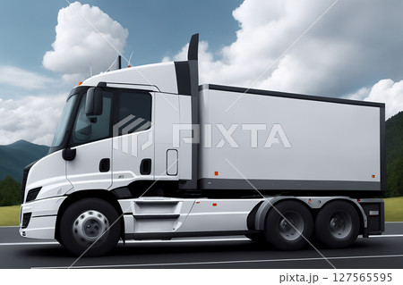 A white truck is driving on the road. Clean and empty space in the side view. Beautiful summer landscape as background, blue sky with clouds, forest and hill. Generative AI. A white truck is driving on the road. Clean and empty space in the side view. Beautiful summer landscape as background, blue sky with clouds, forest and hill. Generative AI. 127565595