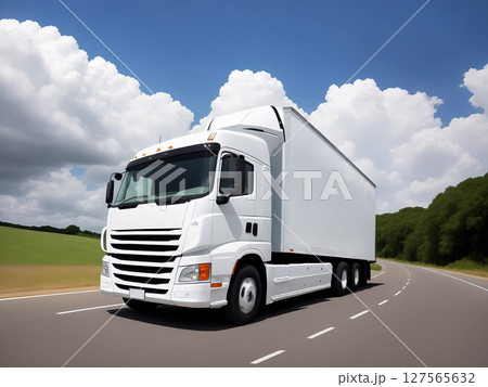 A white truck is driving on the road. Clean and empty space in the side view. Beautiful summer landscape as background, blue sky with clouds, forest and hill. Generative AI. 127565632