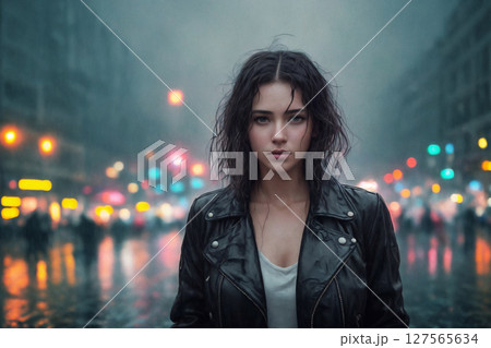 A beautiful woman portrait, night city as background. Generative AI. 127565634