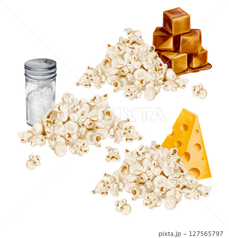 Set of popcorn flavors. Snack with caramel, salt or cheese. Ready-made crumbly tasty popcorn. Corn for a party. Watercolor illustration without background. Hand drawing. High quality illustration Set of popcorn flavors. Snack with caramel, salt or cheese. Ready-made crumbly tasty popcorn. Corn for a party. Watercolor illustration without background. Hand drawing. High quality illustration 127565797